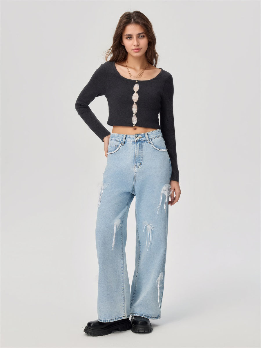 Women Wear Butterfly Decoration Loose Wide Leg Denim Trousers Women Jeans - ALZO
