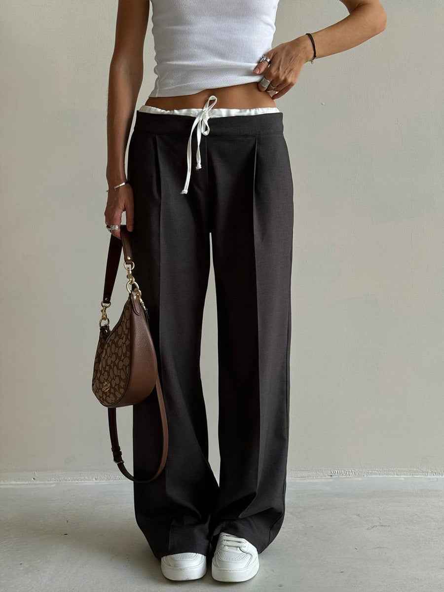 Loose Trousers Spring Faux Two Piece Lace up Design Trousers Office Work Pant Women