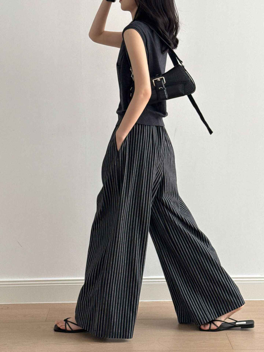Simple Vertical Striped Casual Pants Women Summer Loose Feeling Loose Wide Leg Draggle Tail Trousers