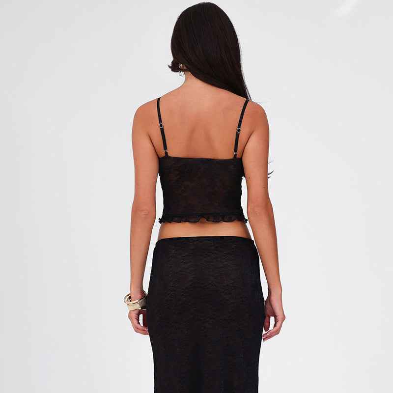 Spring Women Clothing Sexy V neck Backless Lace Camisole Sheath Skirt Set
