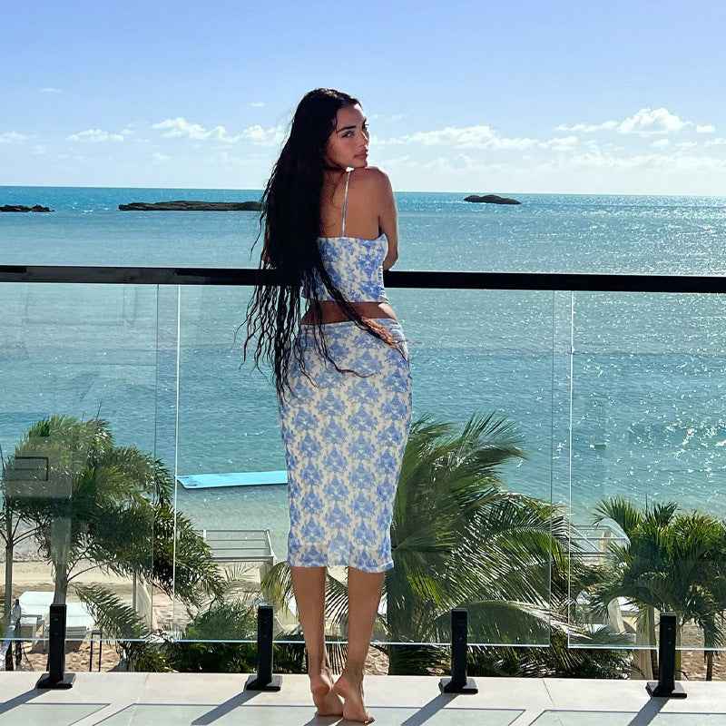 Women Summer Retro Printed Skirt Two-Piece Set Casual Set Women Corset