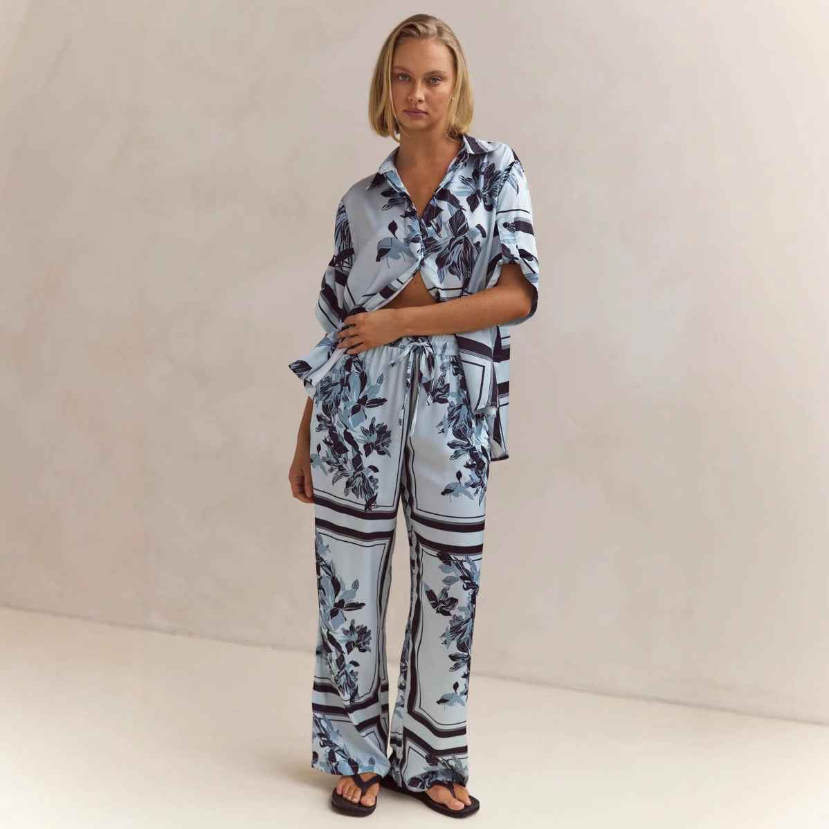 Summer Homewear Casual Printing Cardigan Shirt Trousers Set
