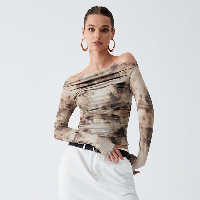 Retro 3D Printed Sexy Off Shoulder Pleated Top Bare Cropped Slim Fit T Shirt Women Spring - ALZO