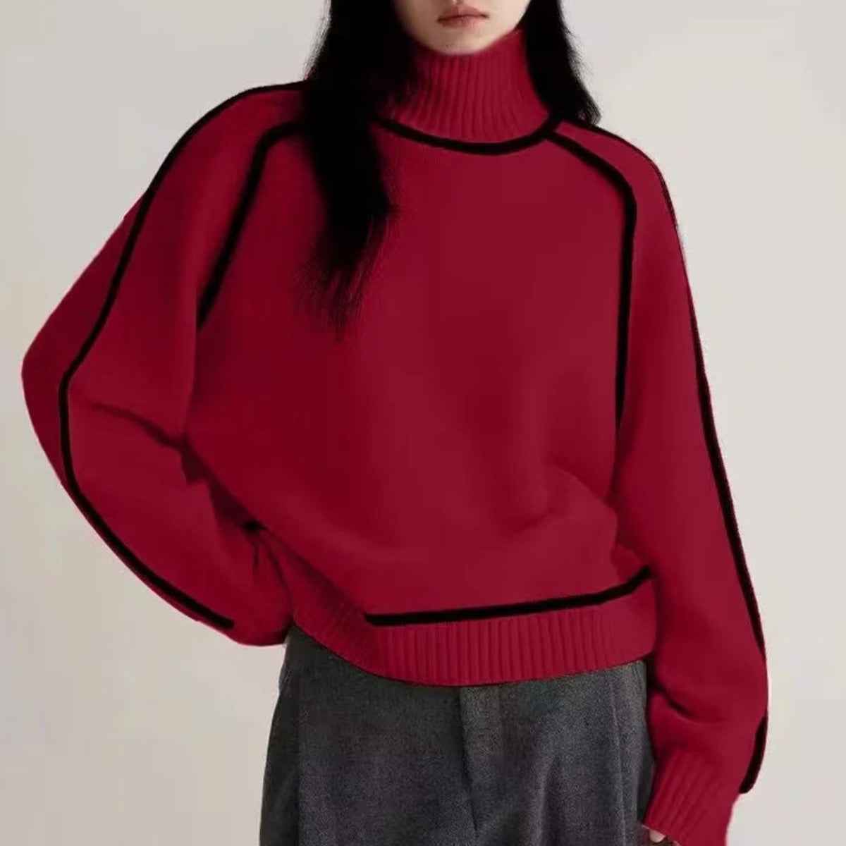 Women Sweater Half Turtleneck with Shoulder Sleeve Top Elegant Line Thread Bottoming Sweater for Women