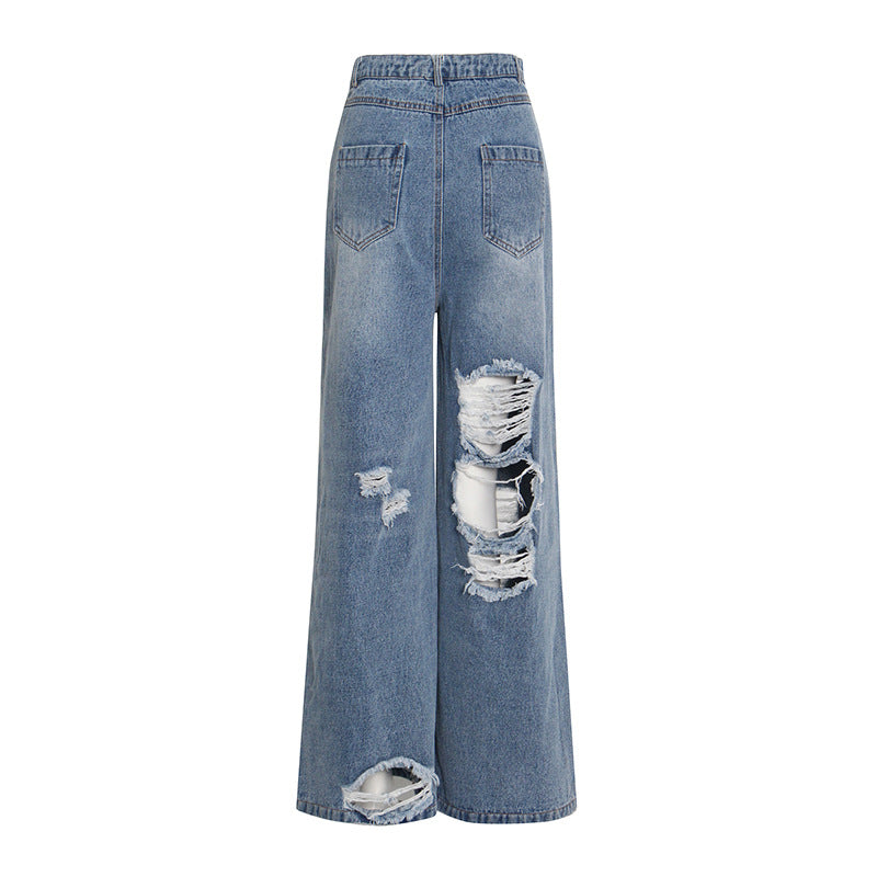 Spring Blue Color High Waist Ripped Wide Leg Pants Slimming Straight Mop Jeans for Women - ALZO