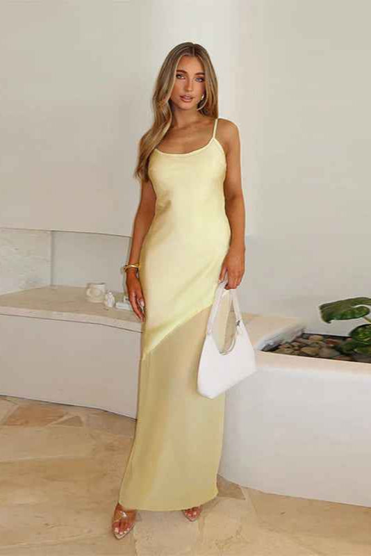 Fall Maxi Dress Classic Elegant Slim Satin Stitching Mesh Spaghetti Strap Dress