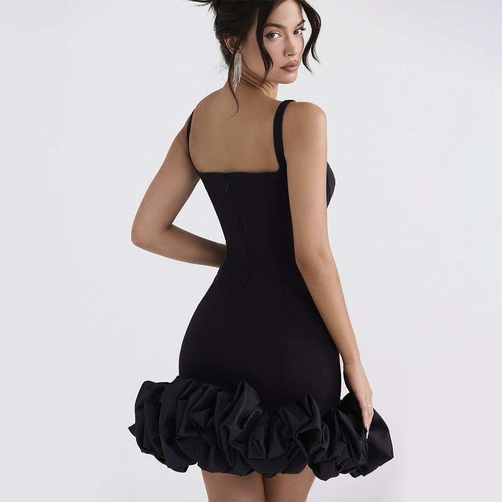 Women Sexy Black Slip Dress Party Sexy Backless Square Collar Dress French Dress - ALZO