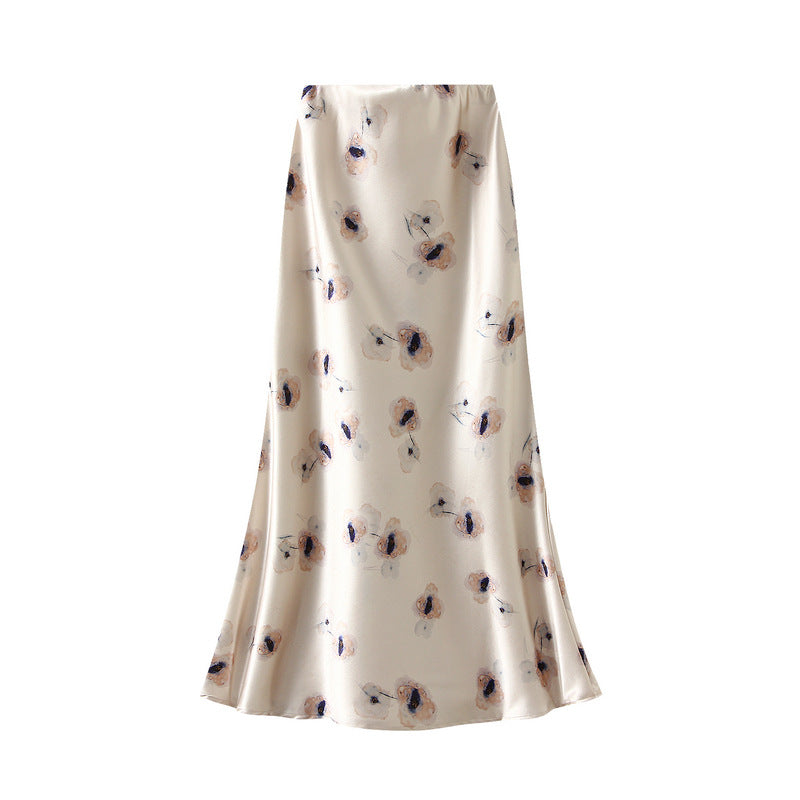 High Grade Satin Skirt Women Summer Printed Fishtail Skirt Slim Fit Mid Length Dress - ALZO