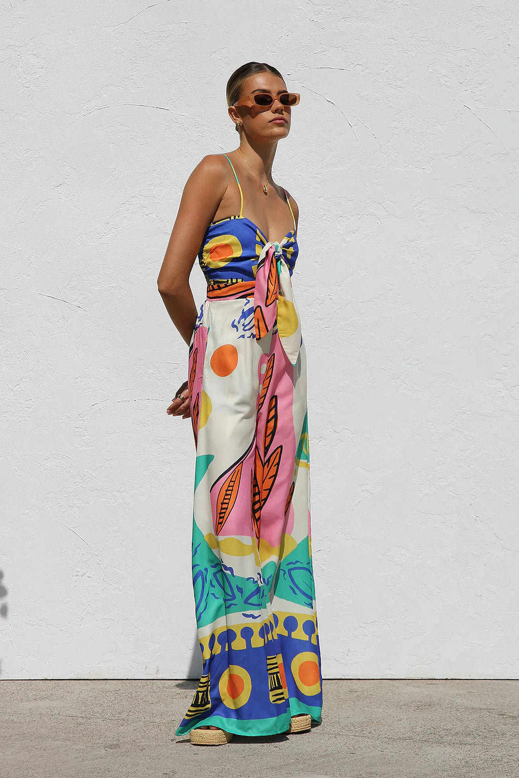 Spring Summer Printed Waist Controlled Smocking Strap Knotted Wide Leg Straight Jumpsuit - ALZO