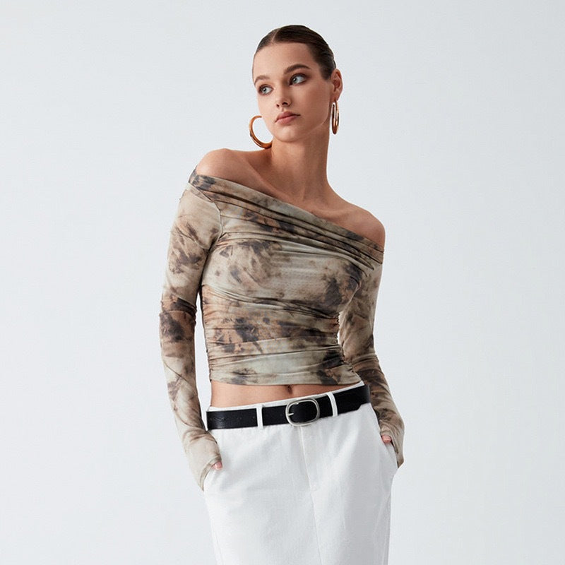 Retro 3D Printed Sexy Off Shoulder Pleated Top Bare Cropped Slim Fit T Shirt Women Spring - ALZO