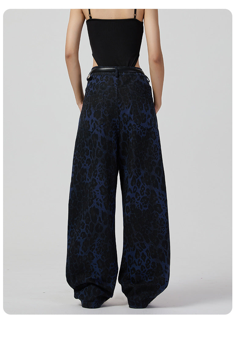 Retro Wide Leg Jeans Women High Street Leopard Print Loose Slimming Wide Leg Pants Jeans - ALZO