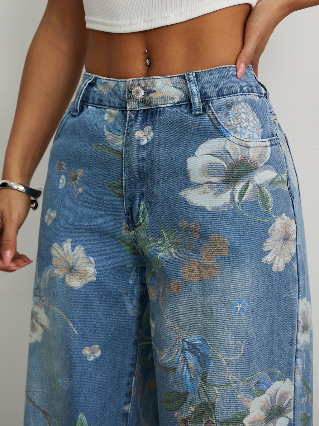 Street Trends Loose Straight Wide Leg Pants Printed Denim Trousers - ALZO