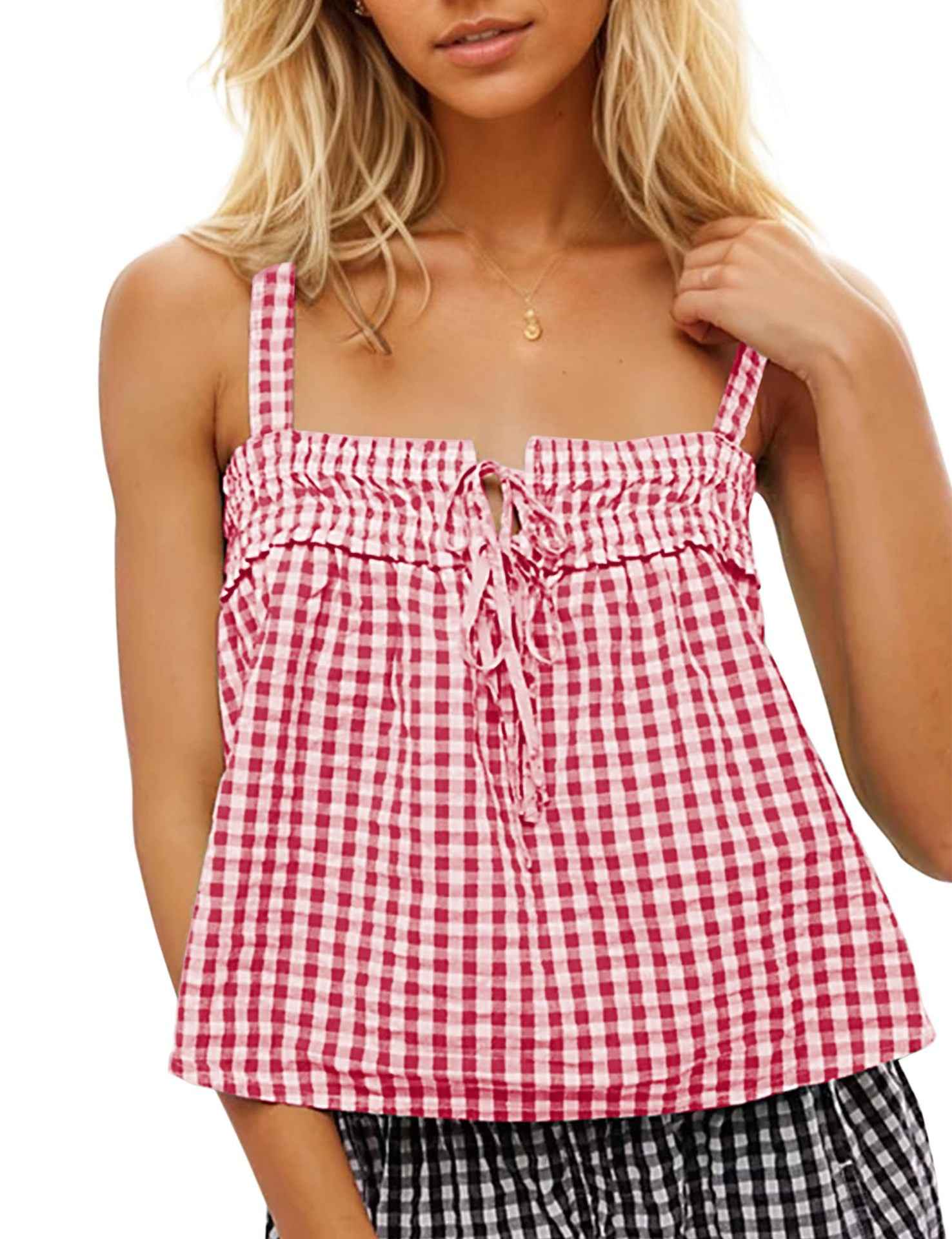 Summer Women Top Plaid Pleated Stitching Sexy Small Vest