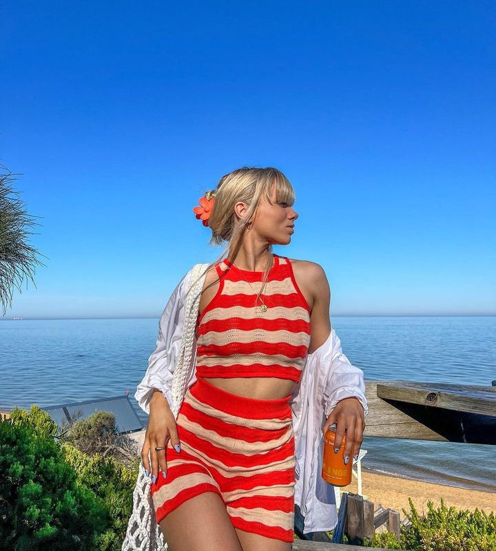 GSpring Summer Striped Slim Fit Cropped Shorts Suit - ALZO