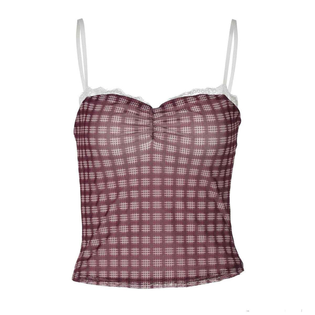 Women Clothing Summer Plaid Printed Lace Splicing Sling Small Tank Top