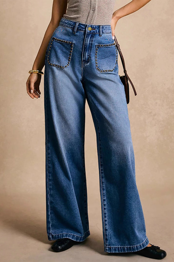 Rivet Inlaid Pocket Wide Foot Mouth Washed Denim Slim Straight Trousers - ALZO