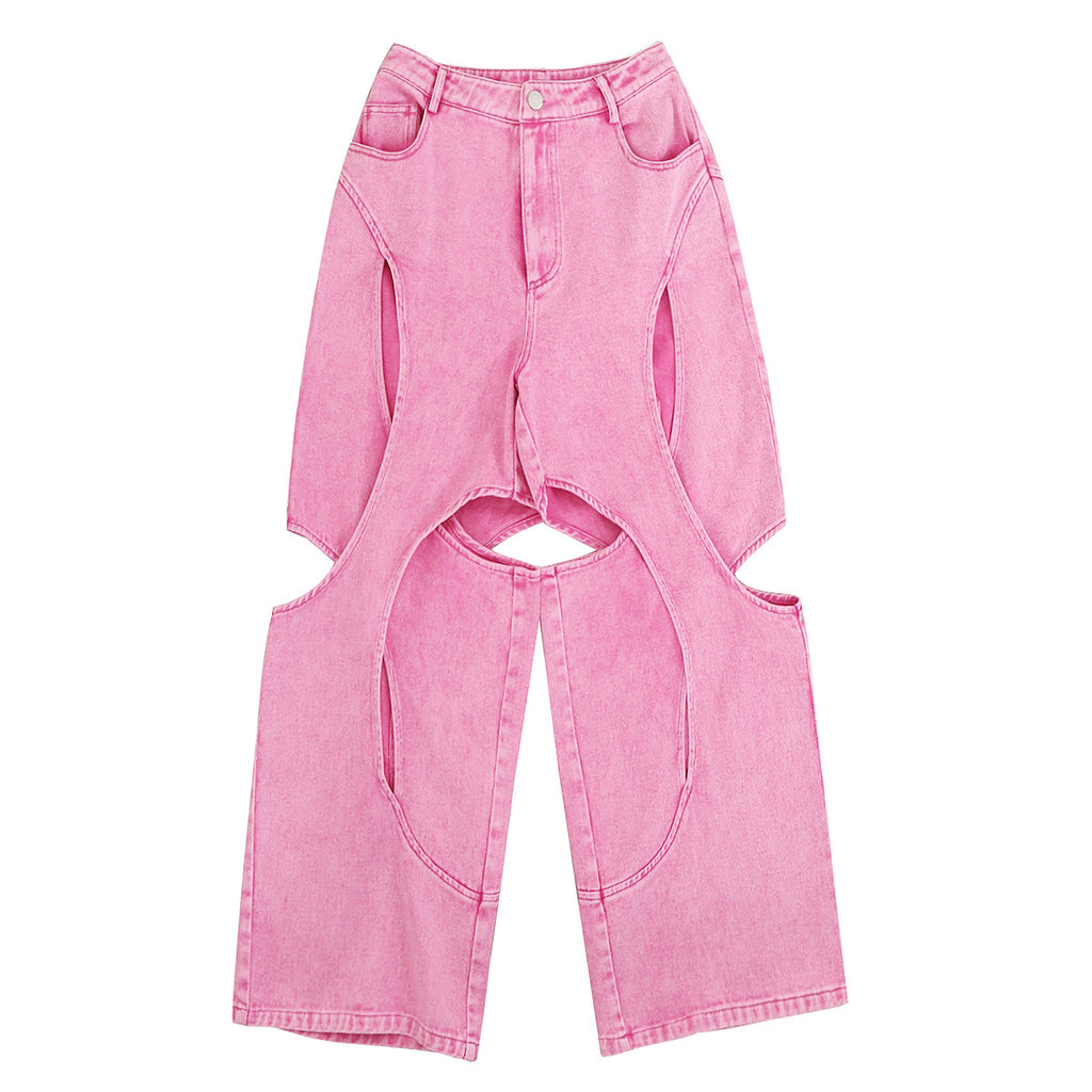 Autumn Hollow Out Cutout Out See Through Irregular Asymmetric Barbie Pink Denim Pants Casual Pants Women - ALZO