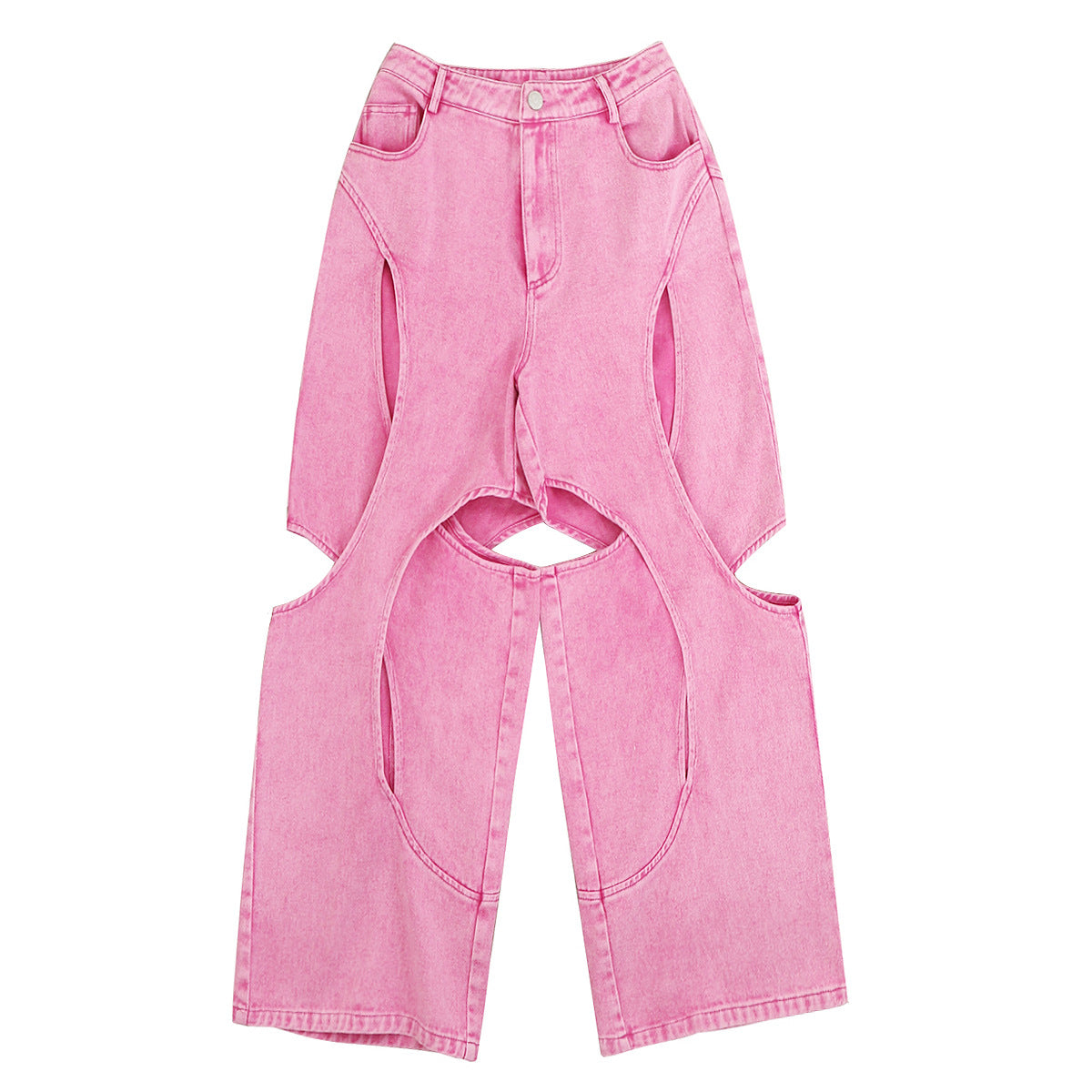 Autumn Hollow Out Cutout Out See Through Irregular Asymmetric Barbie Pink Denim Pants Casual Pants Women - ALZO