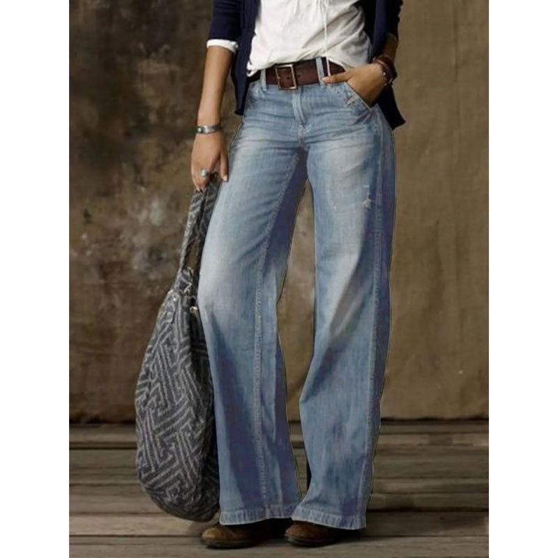 Retro Casual Straight Wide Leg Women Jeans - ALZO