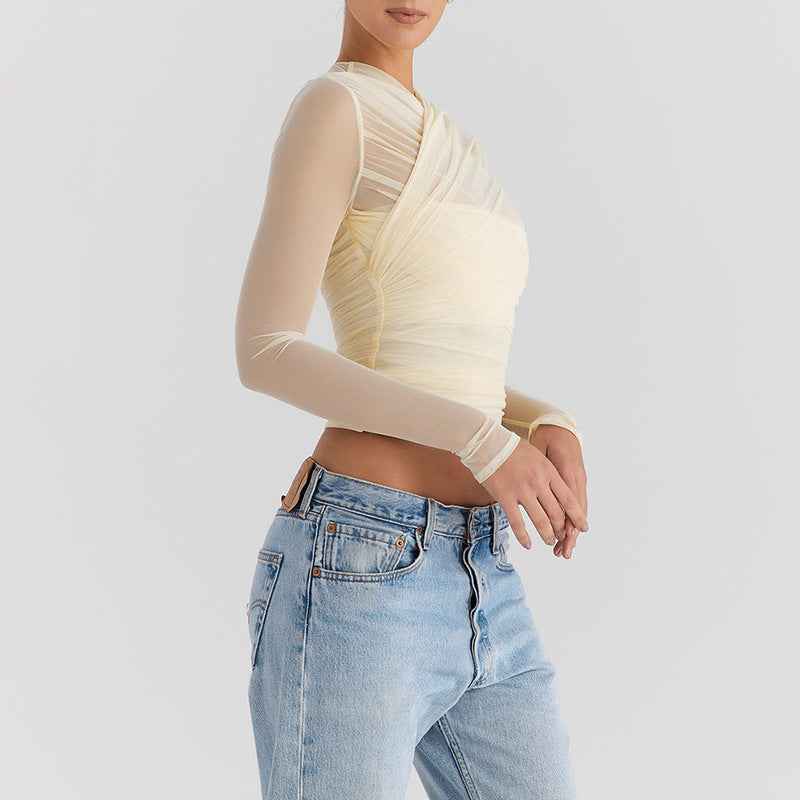 Sexy Mesh Stitching Zipper See through Long Sleeve Short Top