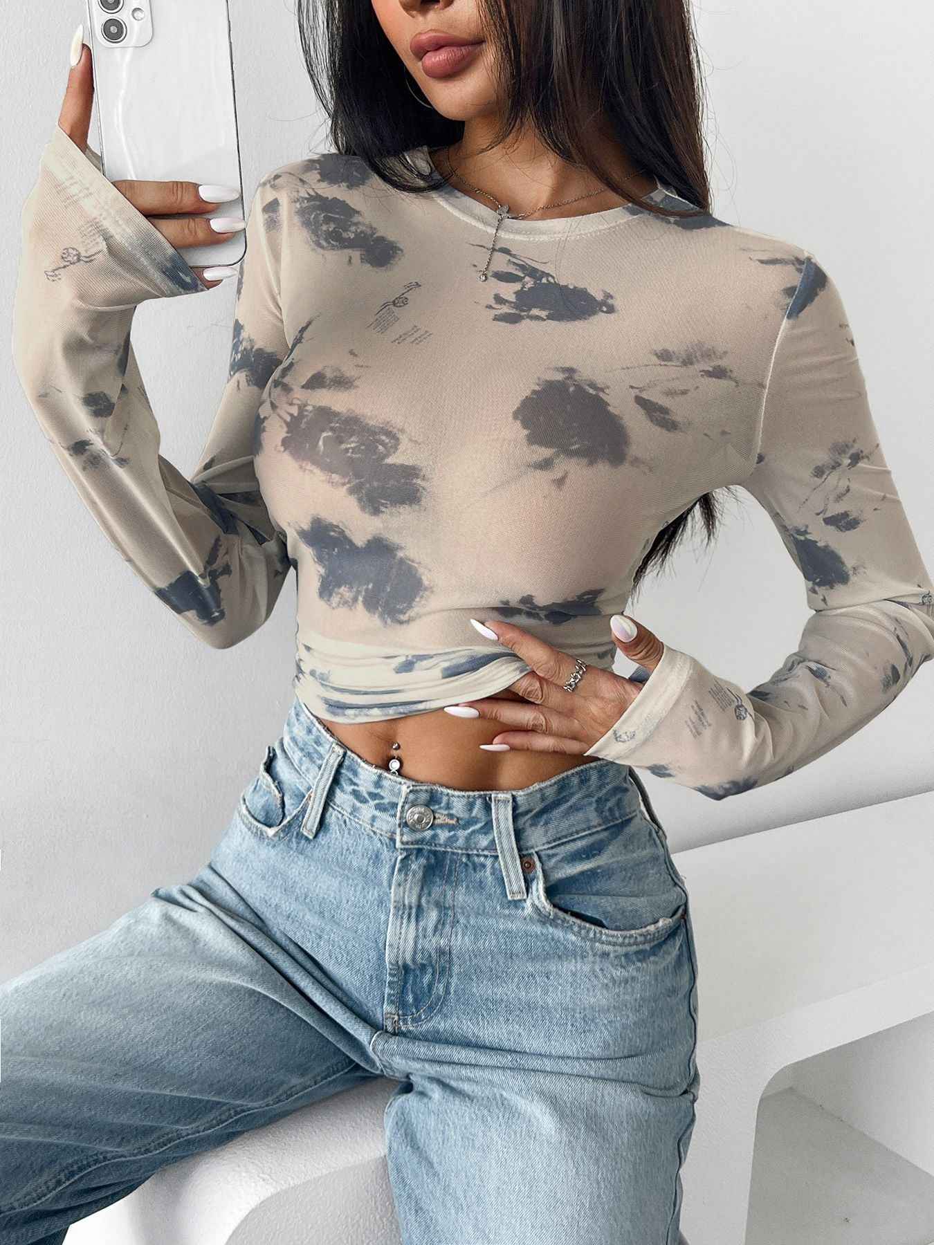 Autumn Winter Elegant Women loral Mesh Floral Print Pleated Side Short Top for Women