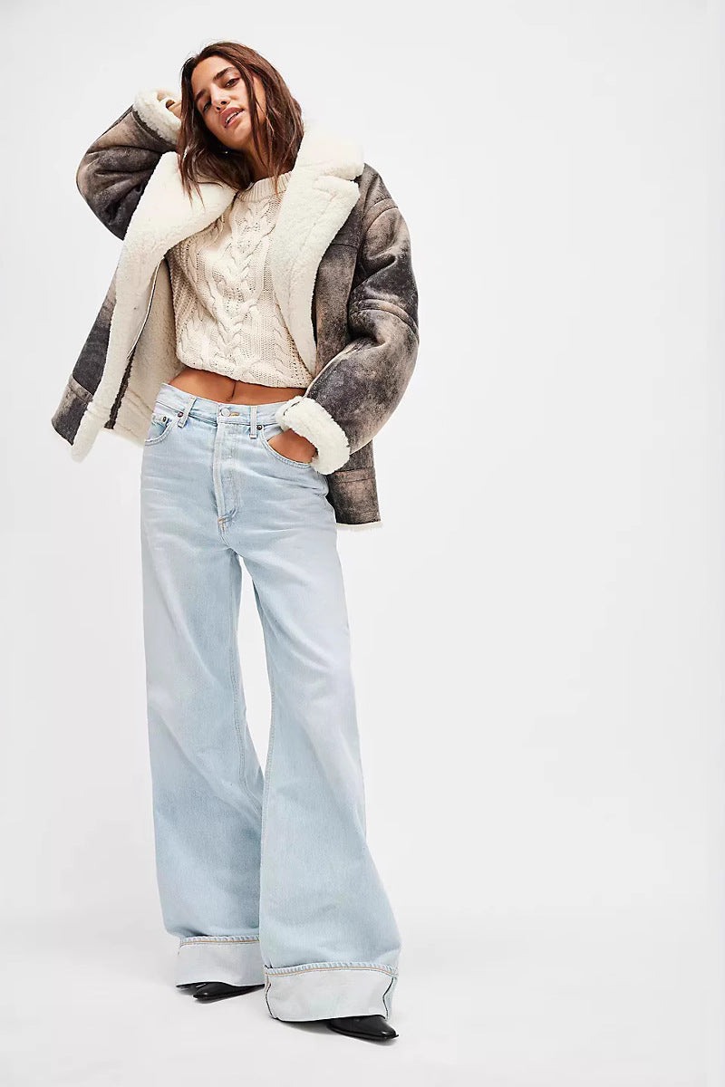 Retro High Waist Slimming Straight Casual Wide Leg Loose Washed Design Jeans - ALZO
