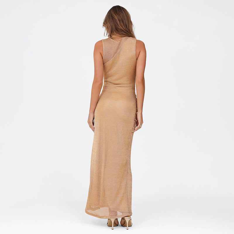 Spring Women Clothing Crew Neck Hollow Out Cutout Sexy High Slit Slim Fit Dress Women