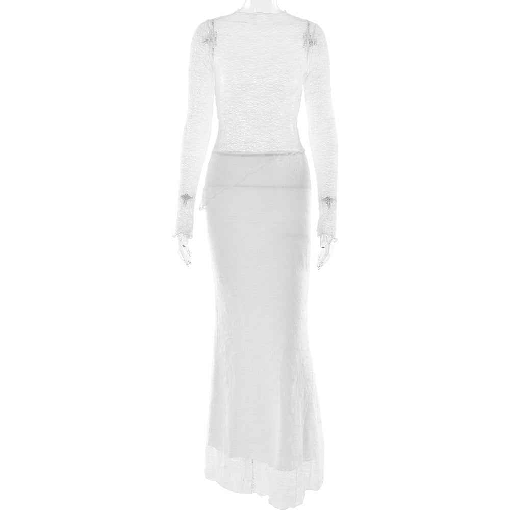 Summer Two Piece Sets Long Sleeve See through T shirt Slim Fit Sexy Skirt