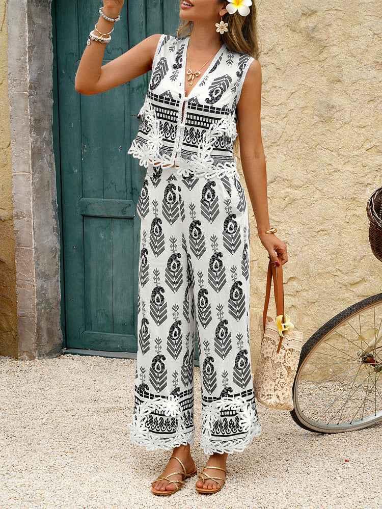 Spring Summer Casual Vacation Bohemian Print Contrast Color Waistcoat Top Long Pants Set Women Clothing