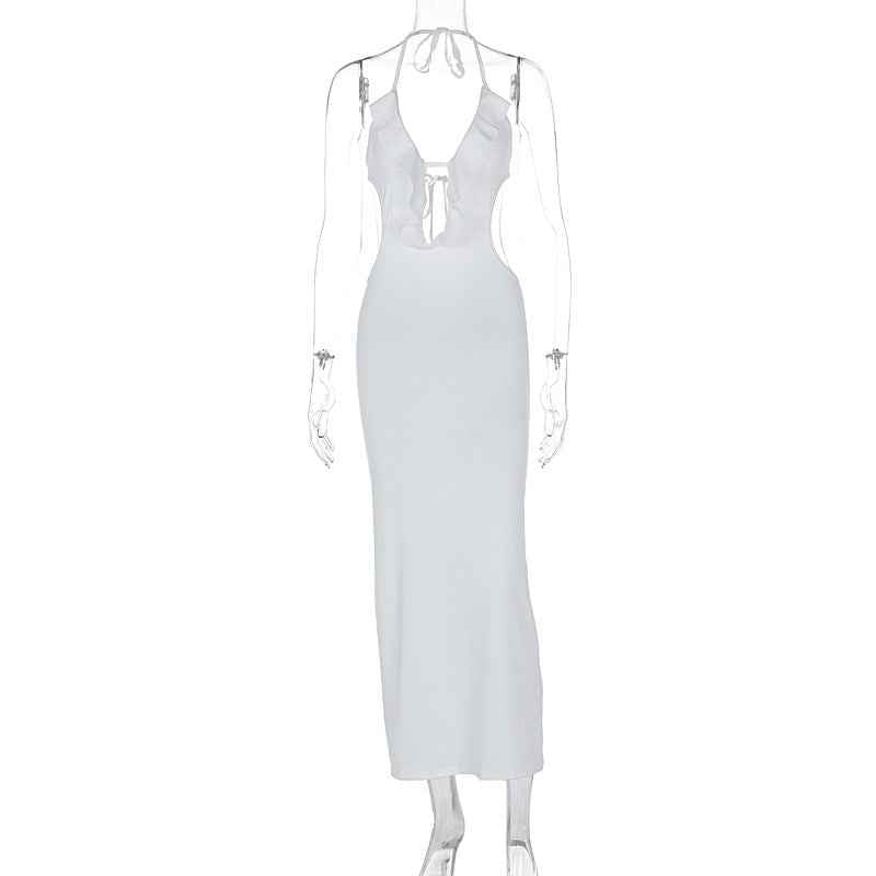 Women Clothing Summer Sexy Close Fitting Slim Fitting Solid Color Halter Sling Dress