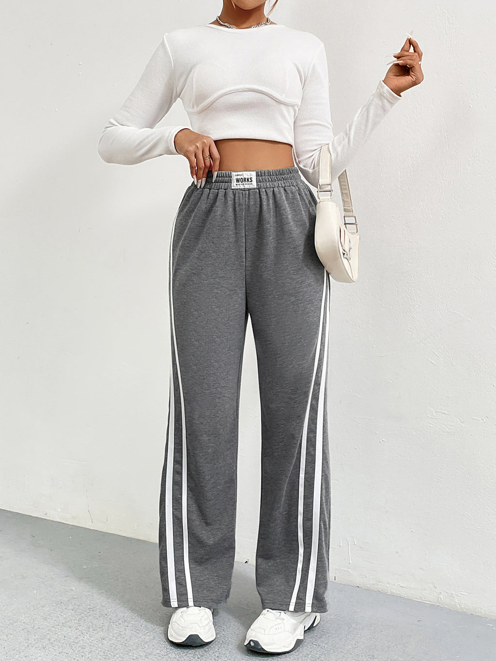 Sports Pants Women Spring Autumn High Waist Drooping Loose Straight Casual Sweatpants Striped Stitching Wide Leg Pants - ALZO