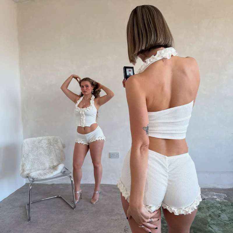 Spring Summer Women Clothing Solid Color Sexy Ruffles Halterneck Vest Slim Fit Base Shorts Two Piece Set