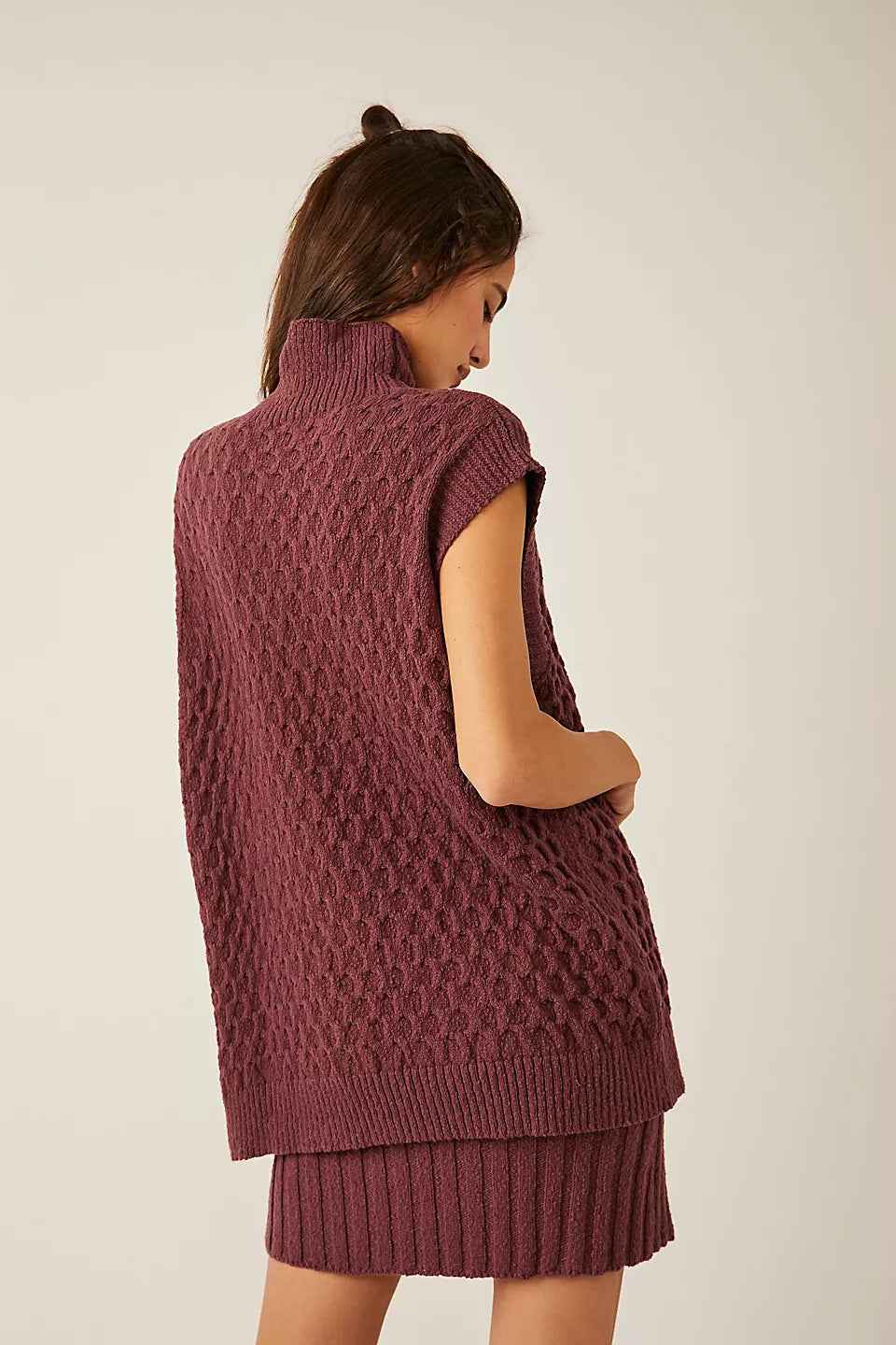 Autumn Winter Women Solid Color Sleeveless Casual Loose Woolen Top Sexy Skirt Two Piece Sets