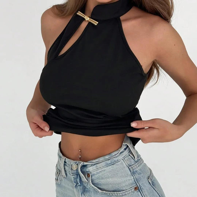 Spring Summer Women Clothing Personalized Stand Collar Open Solid Color Slim Fit Sexy Sleeveless T shirt Vest Women - ALZO