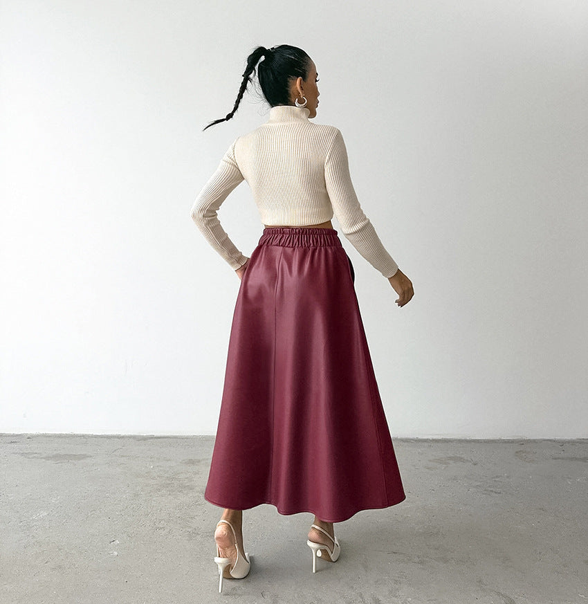 Wine Red Fleece lined Artificial Leather a Swing High Waist Skirt Autumn Winter Leather Skirt - ALZO