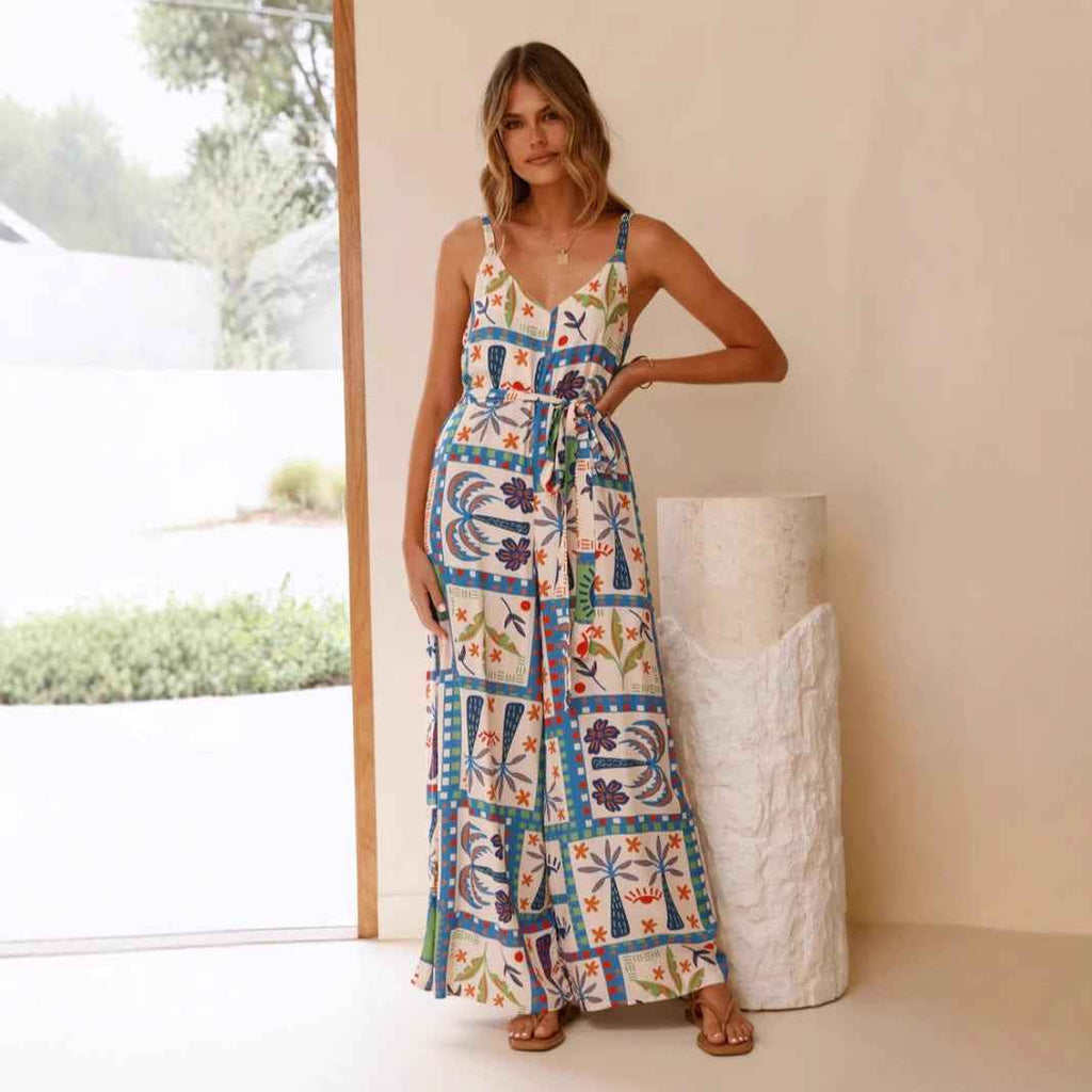 Summer Printed V neck Loose Waistband Waist Trimming Casual Sling Jumpsuit