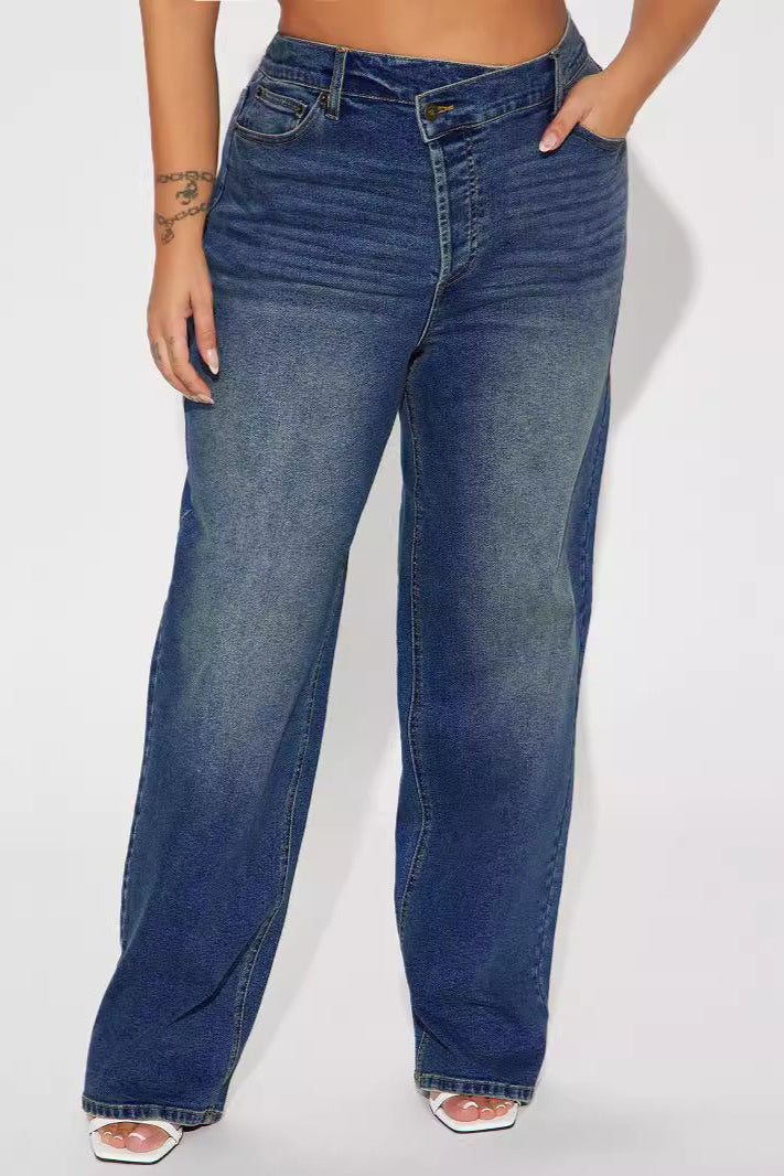 Women Clothing Oblique High Waist Pencil Pants Crossover Straight Leg Stretch Denim Straight - ALZO
