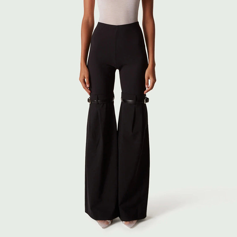 Summer Solid Color Mix Match Belt Stitching Bell Bottom Pants Slimming Slim Trousers Casual Pants for Women - ALZO