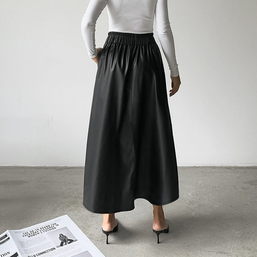 Wine Red Fleece lined Artificial Leather a Swing High Waist Skirt Autumn Winter Leather Skirt - ALZO