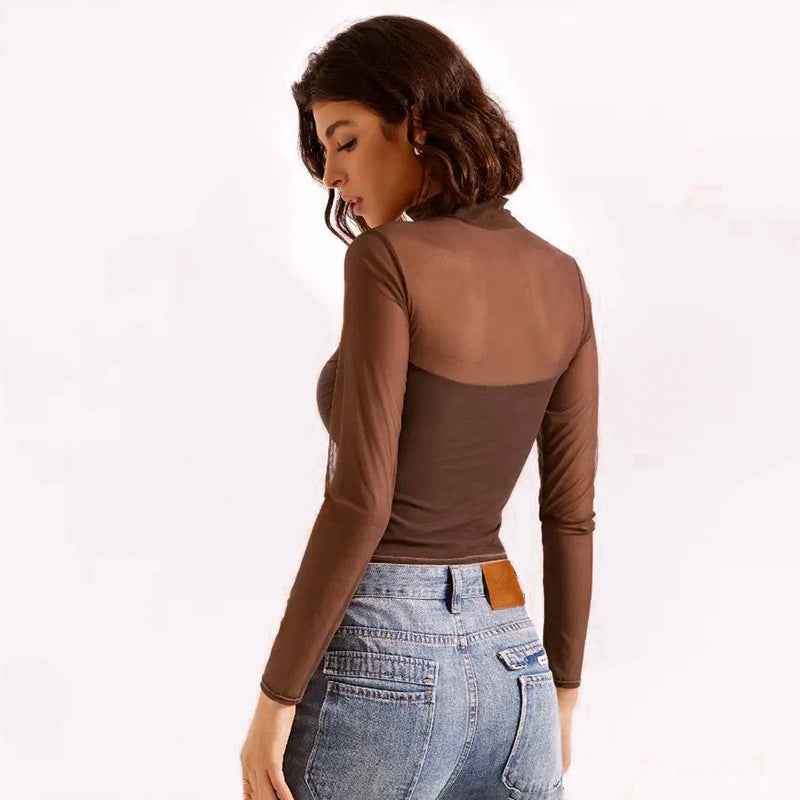 Women Clothing Turtleneck Mesh Stitching Long Sleeve Sexy See through Short Top