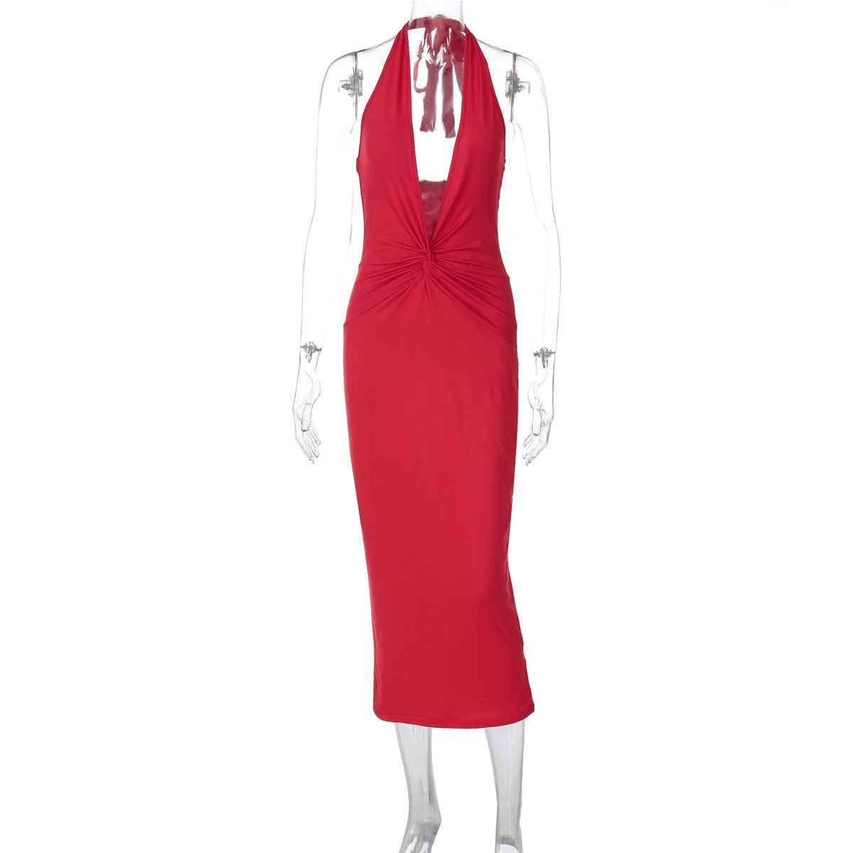 Sexy Deep V Plunge neck Sleeveless Solid Color Backless Street Sheath Mid Length Halter Dress Women Clothing