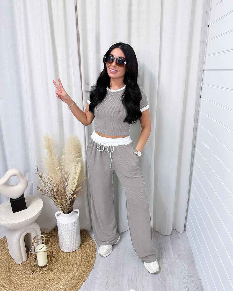Spring Summer Round Neck Contrast Color Short-Sleeved Women Clothing Casual Wide Leg Pants Sports Suit