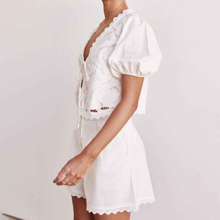 Cotton Hollow Out Cutout out Stitching Women Clothing Spring Summer V neck Short Sleeve Lace up Top Shorts Two Piece Set