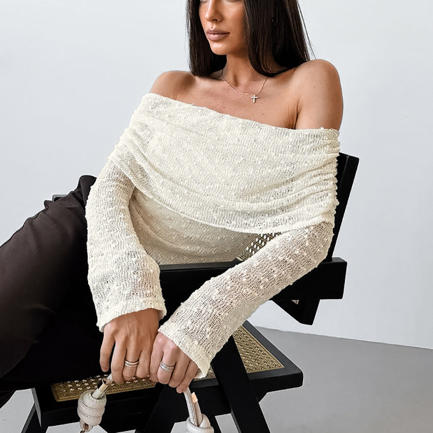 Spring Summer Sexy Design Jacquard off Neck Drop Shoulder Sleeve Slim Knitted T shirt All Match Top for Women - ALZO