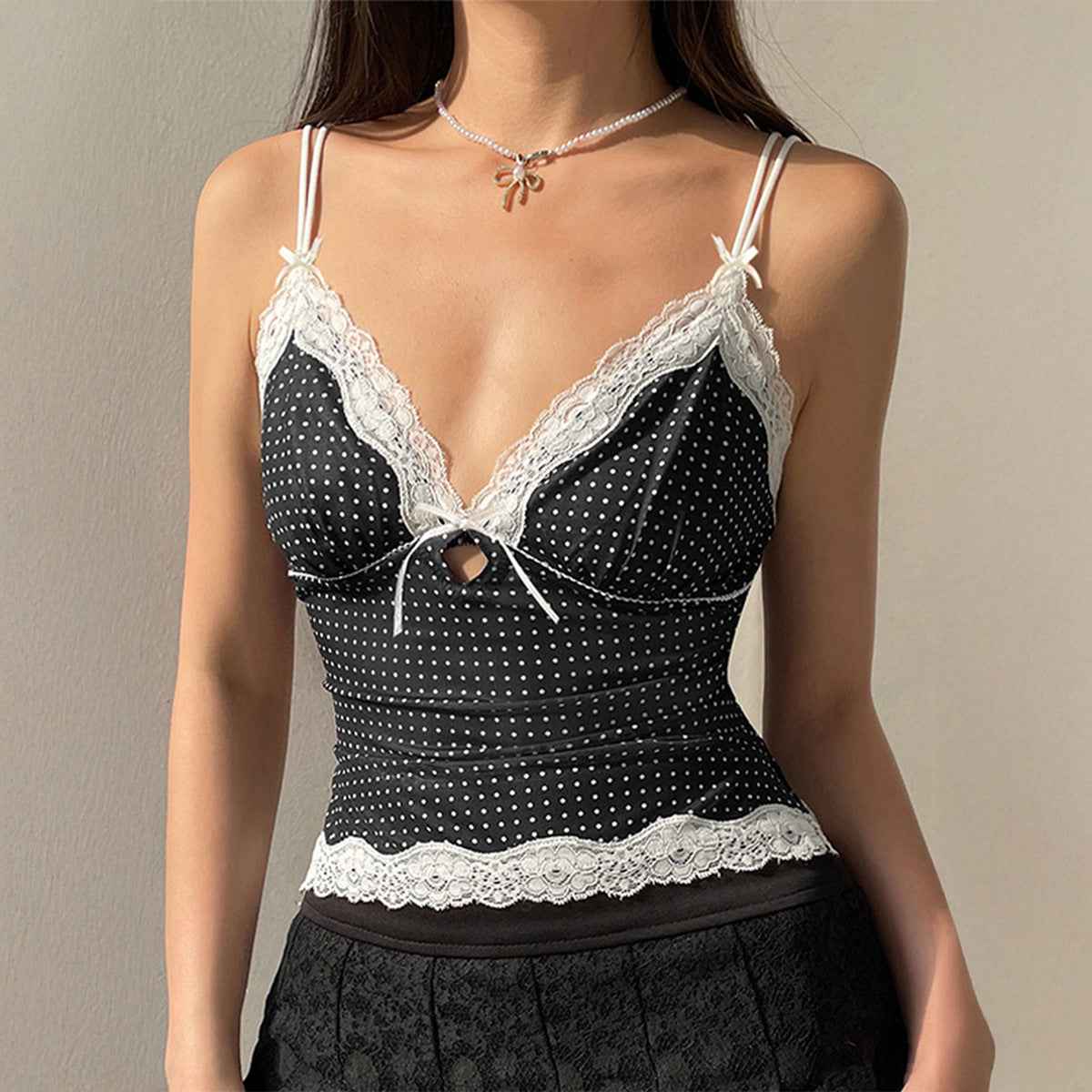 Spring Summer Sexy Sexy Hollow Out Cutout out V neck Backless Strap Top Lace Stitching Polka Dot Vest