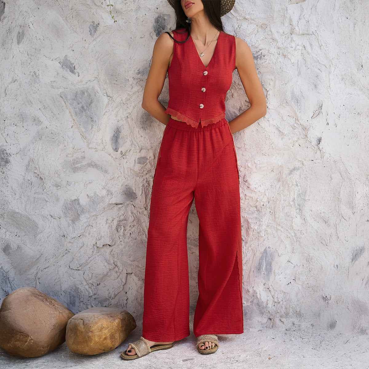 Spring Summer Casual Vacation Office Solid Color Cardigan BM Vest Wide Leg Trousers Set