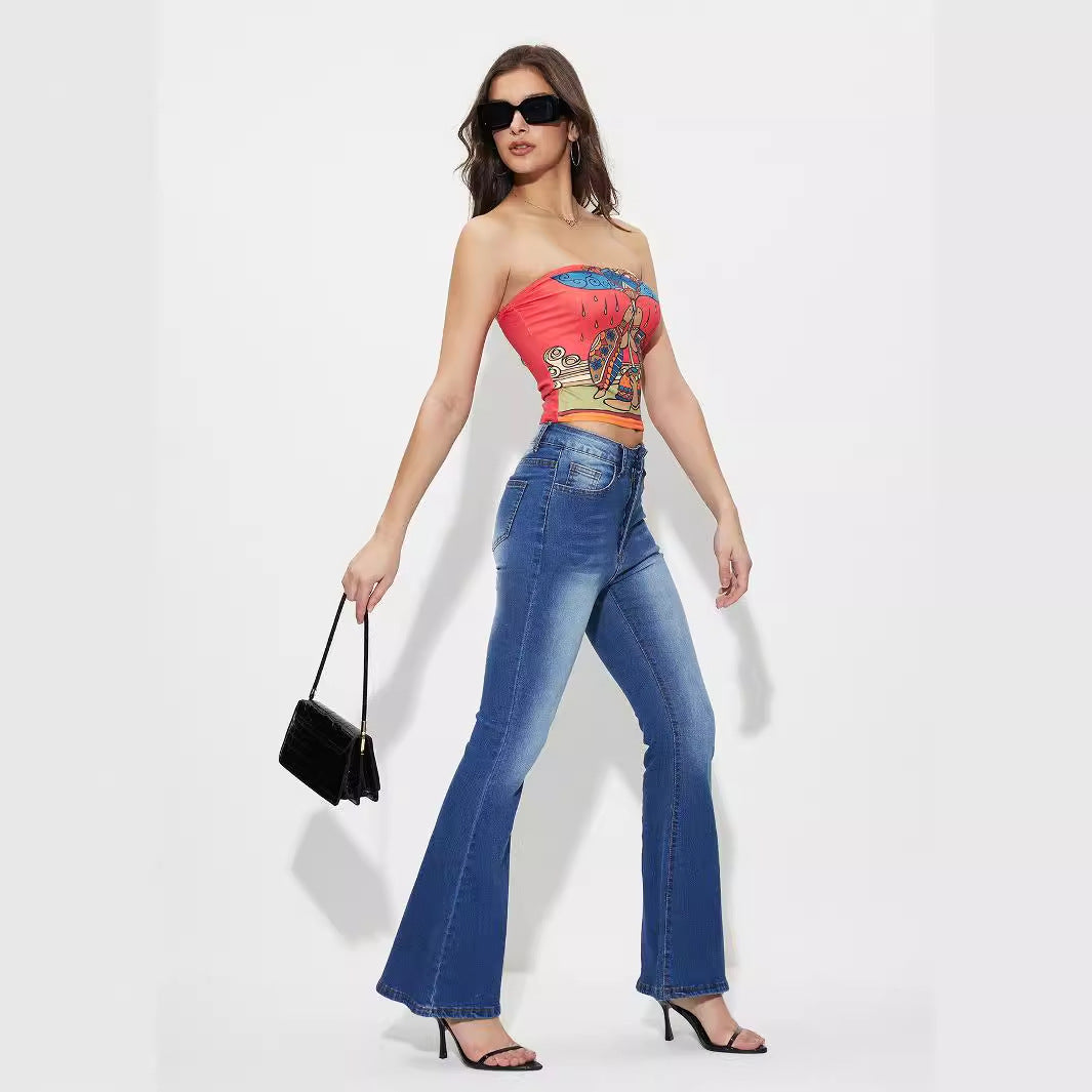 Women Clothing Casual All Match Horn High Elastic Denim Trousers - ALZO