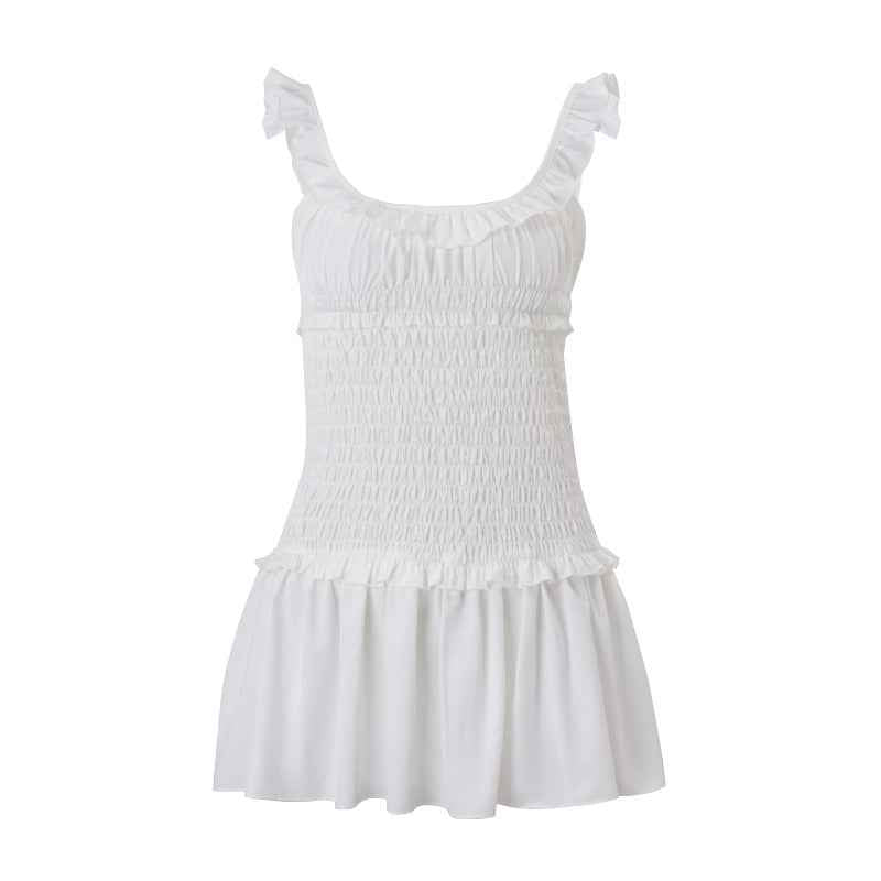 Women Clothing Spring Sexy Elegant Wooden Ear Pleated Strap Pleated Dress Short for Women