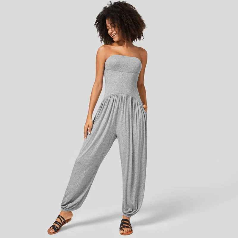 Women Clothing Summer Solid Color Casual Tube Top Cinched Waist Lantern Loose Tappered Women Jumpsuit