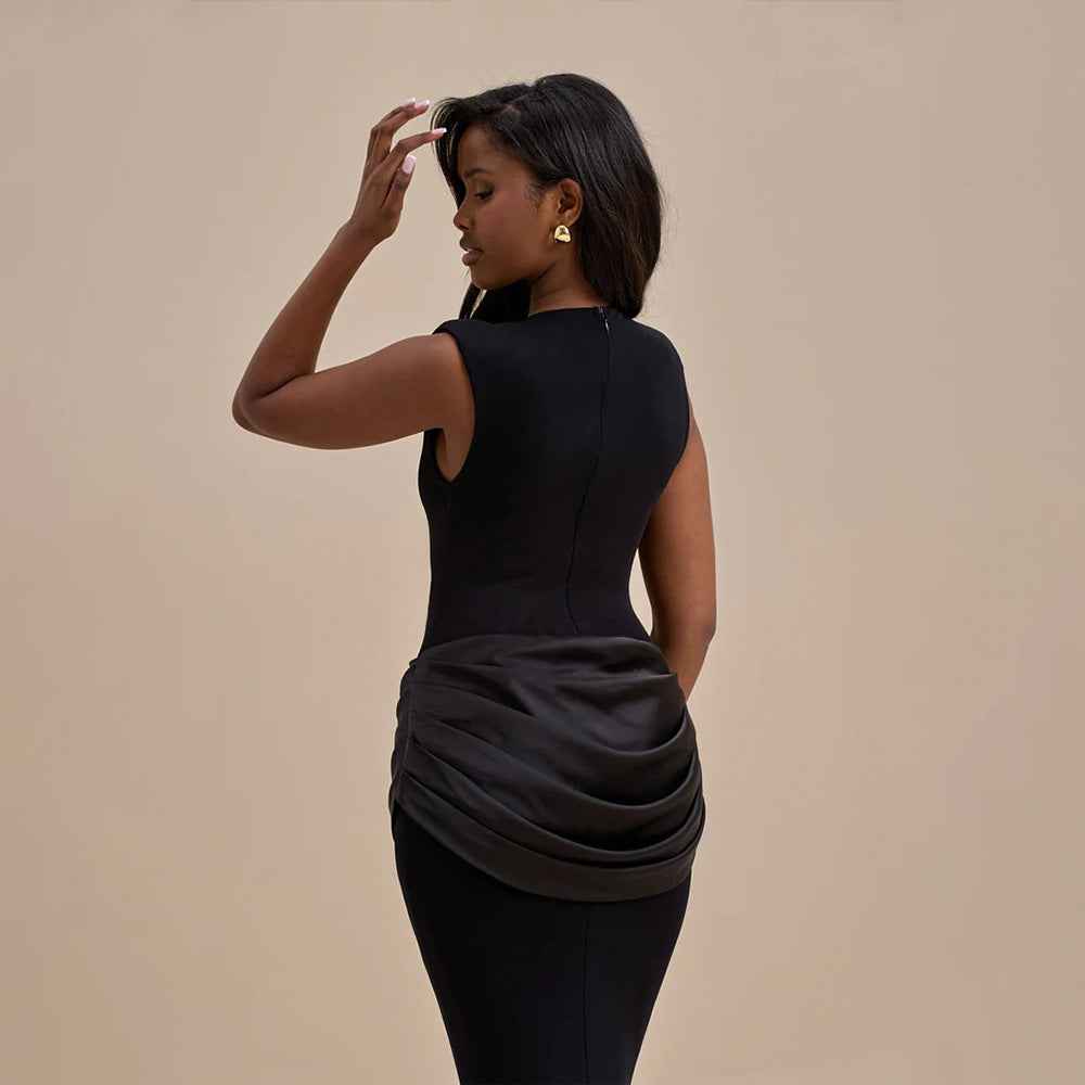 Women Spring Sexy Satin Patchwork Maxi Dress Elegant Slim Sleeveless Pleated Solid Color Dress